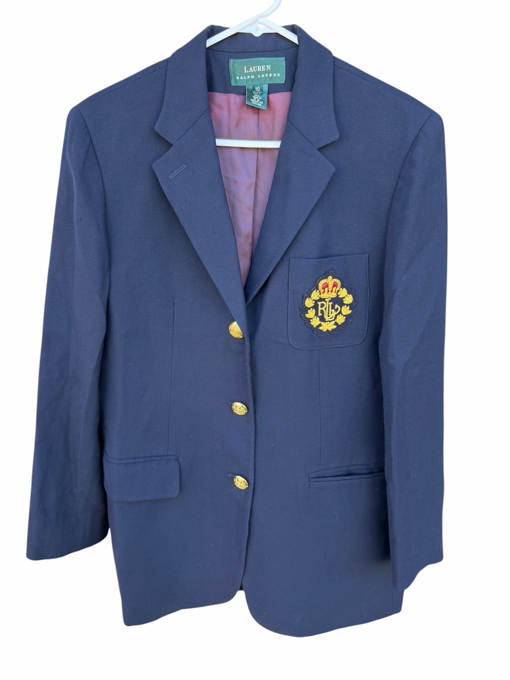 VTG Lauren Ralph Lauren Royal Crest 100% Wool Blazer Navy Gold Size 10 USA FLAWS